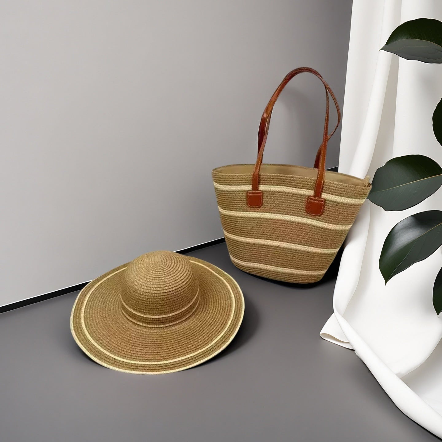 Natural Striped Woven Tote Bag