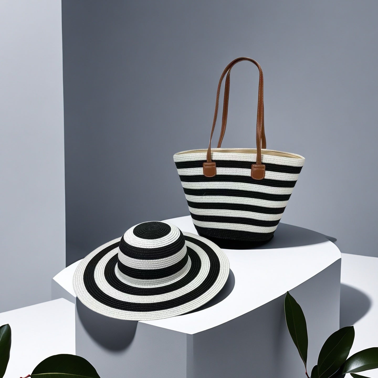 Large Striped Woven Tote Bag
