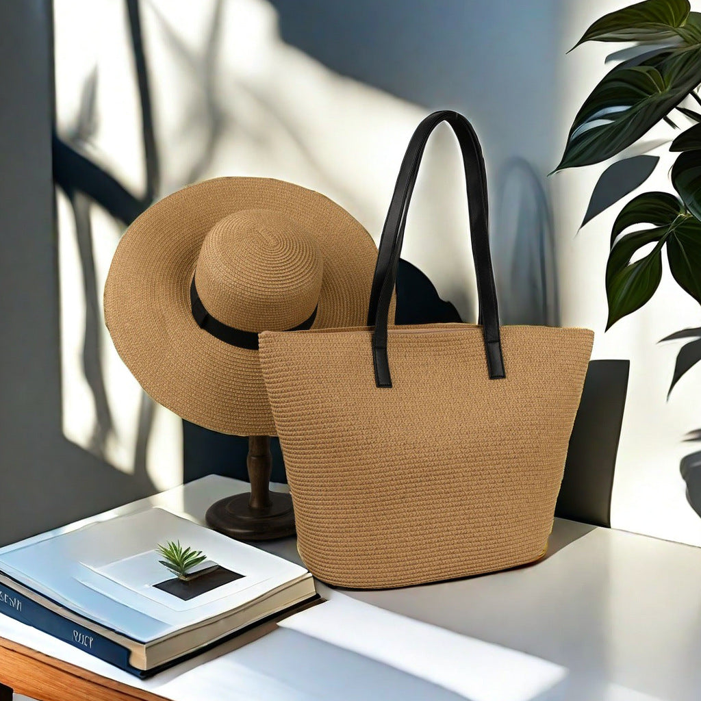 Natural Striped Woven Tote Bag