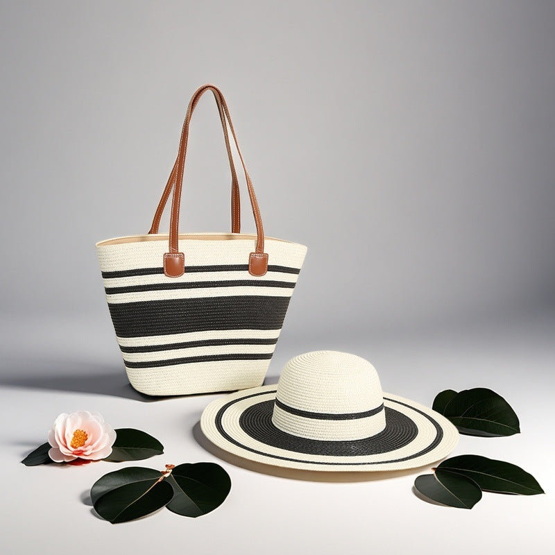 Large Striped Woven Tote Bag