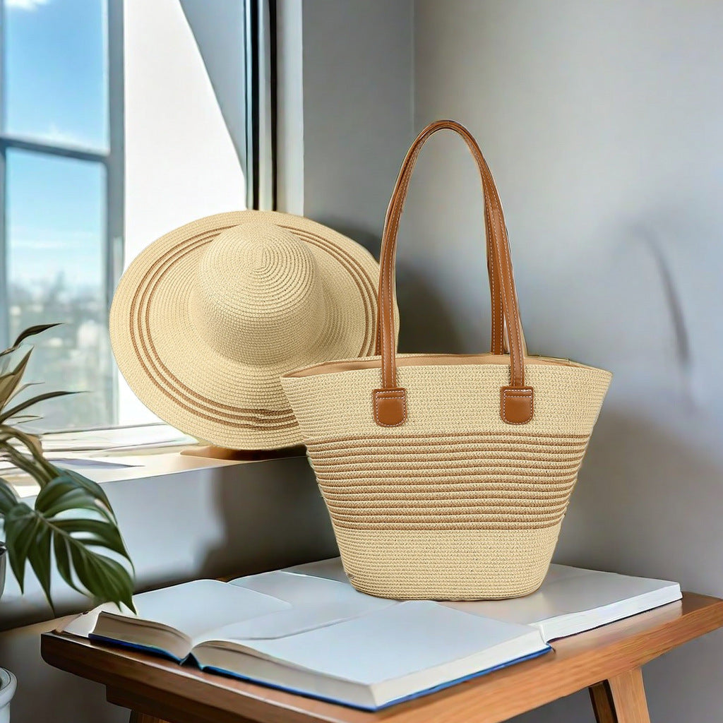 Large Striped Woven Tote Bag