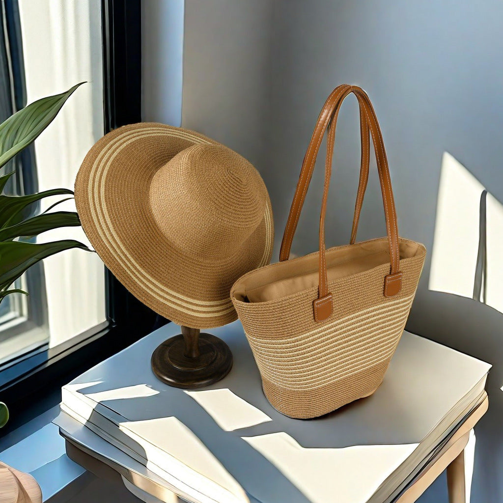 Natural Striped Woven Tote Bag