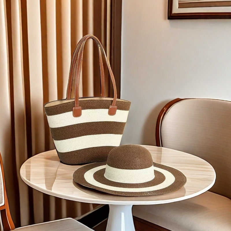 Large Striped Woven Tote Bag