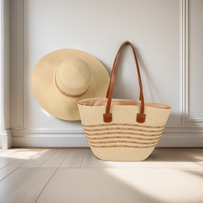 Large Striped Woven Tote Bag