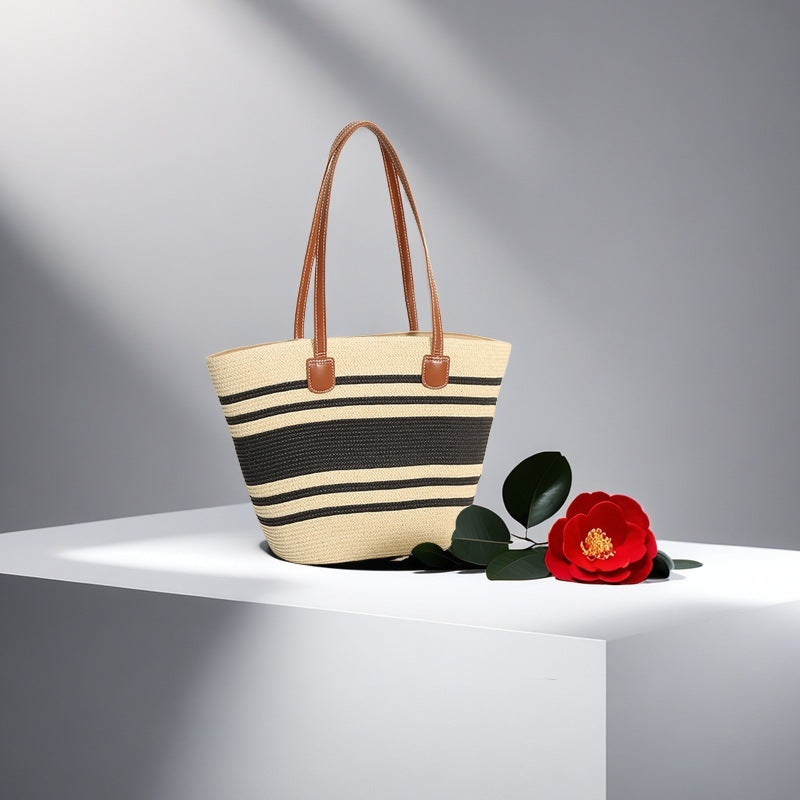 Natural Striped Woven Tote Bag