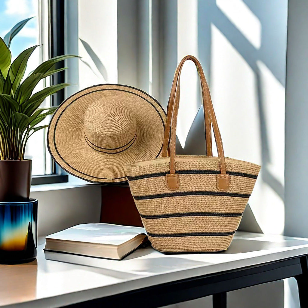 Large Striped Woven Tote Bag