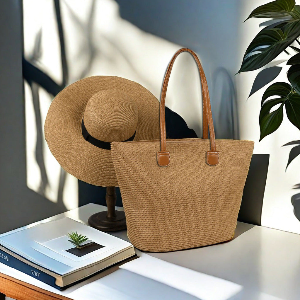 Large Striped Woven Tote Bag