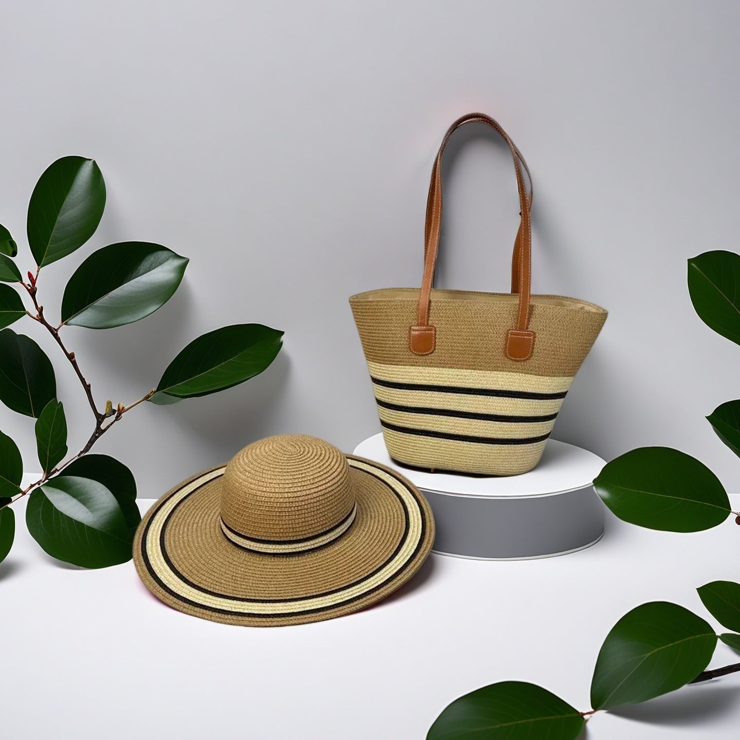 Natural Striped Woven Tote Bag