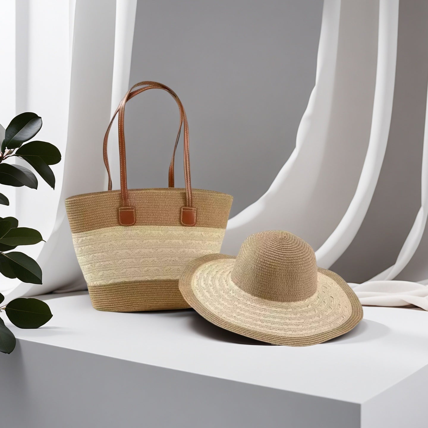 Large Striped Woven Tote Bag