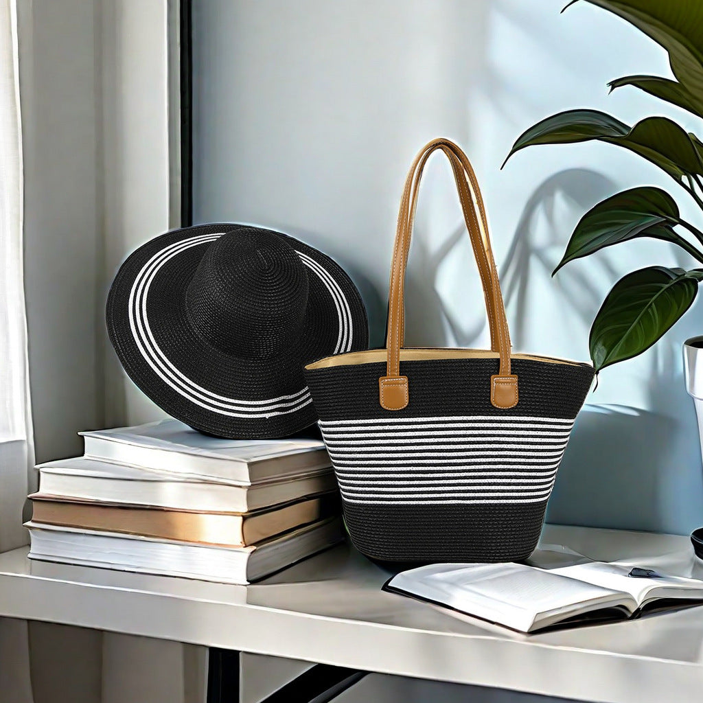Natural Striped Woven Tote Bag