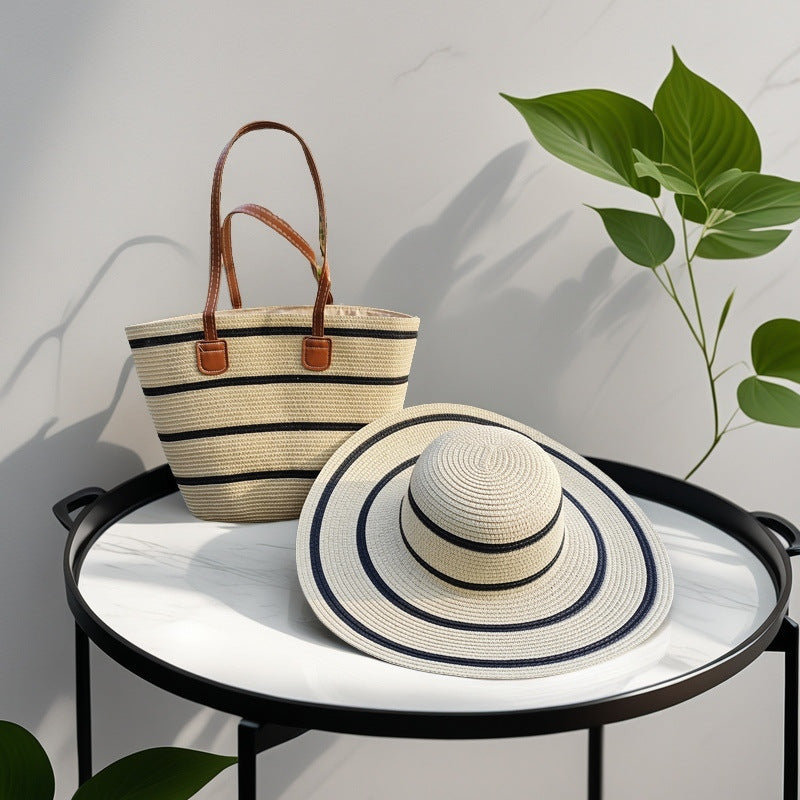 Large Striped Woven Tote Bag