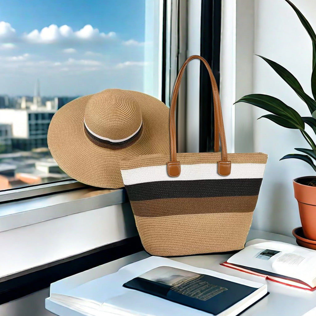 Natural Striped Woven Tote Bag