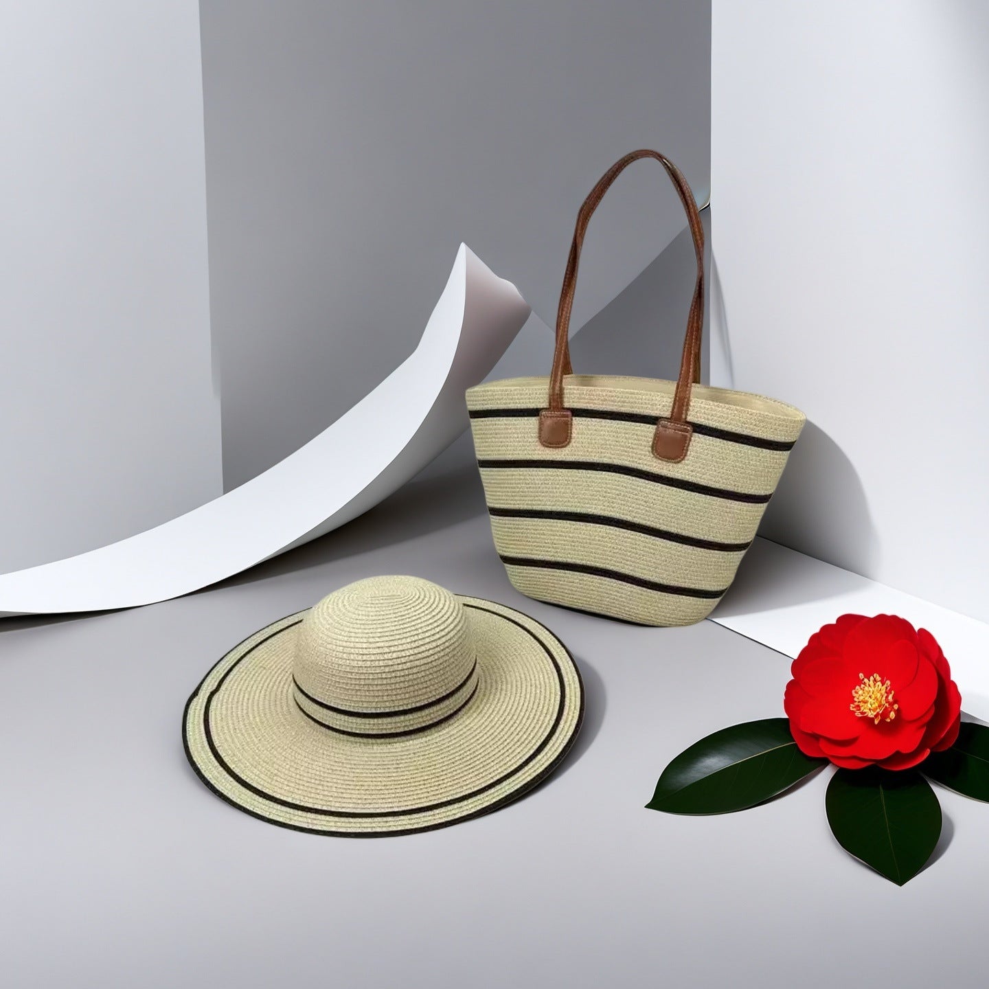 Natural Striped Woven Tote Bag