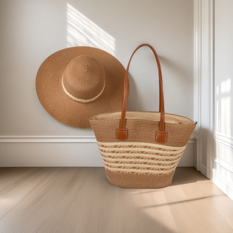 Large Striped Woven Tote Bag