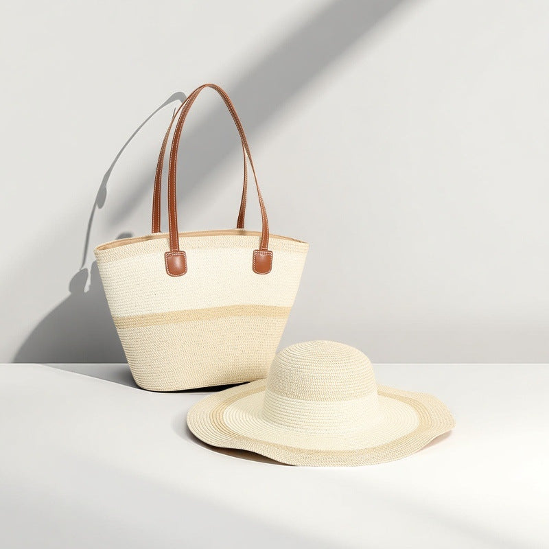 Large Striped Woven Tote Bag