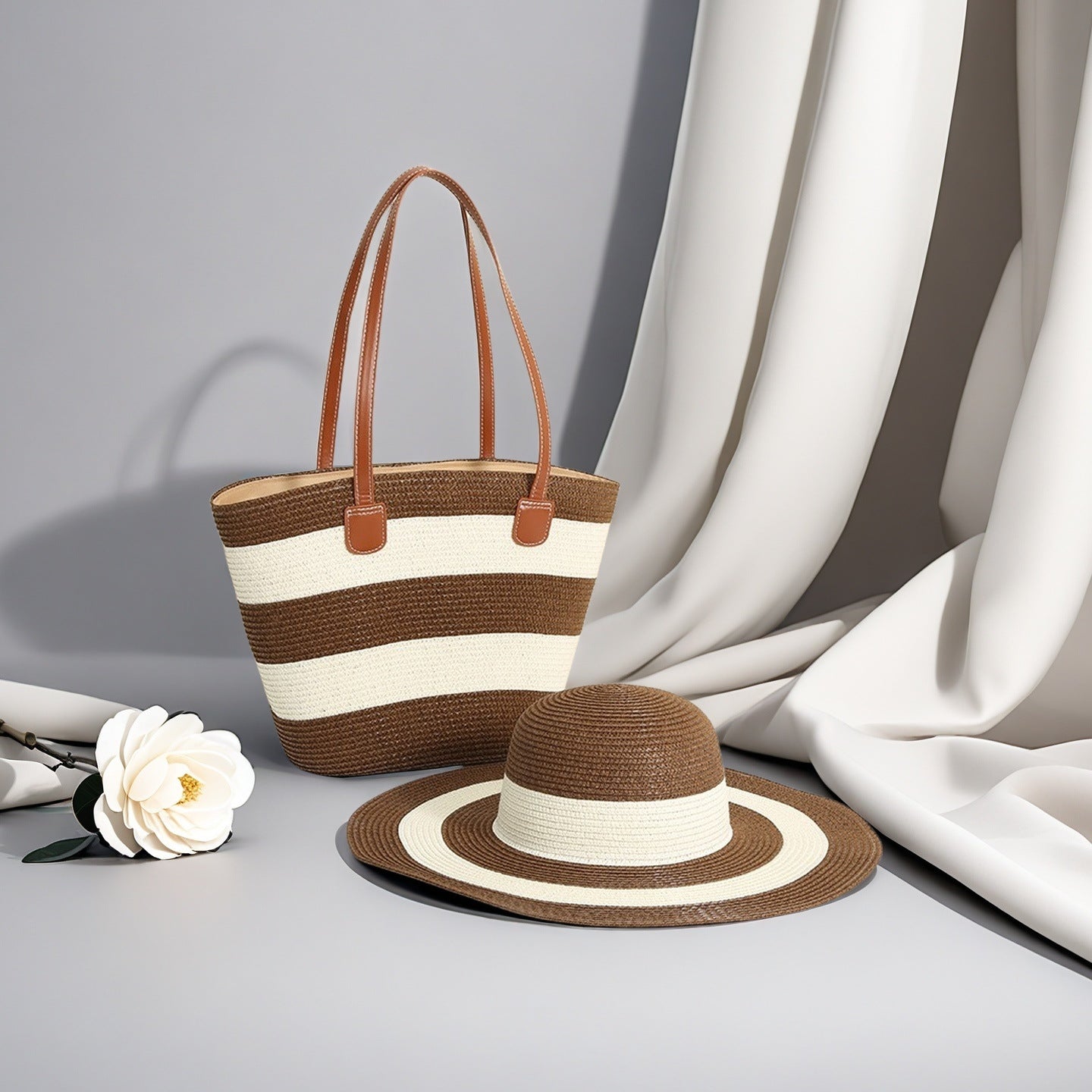 Large Striped Woven Tote Bag