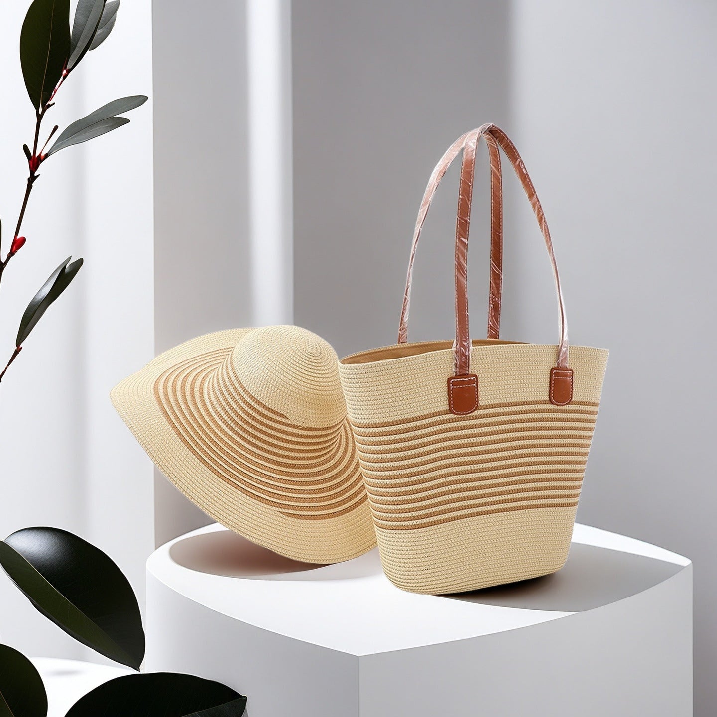 Large Striped Woven Tote Bag
