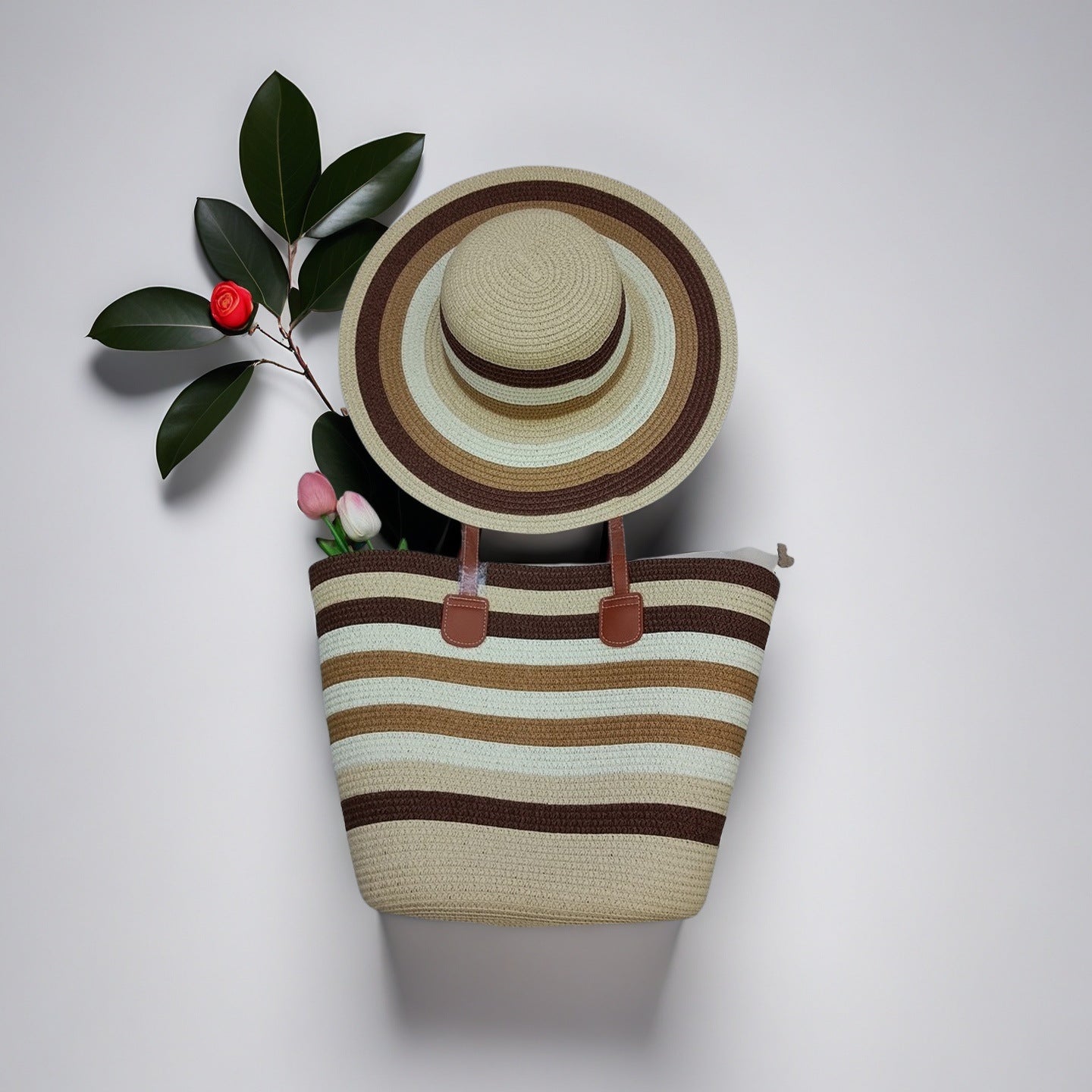 Large Striped Woven Tote Bag