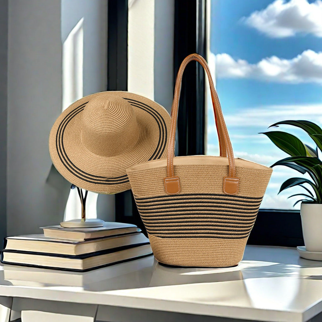 Natural Striped Woven Tote Bag